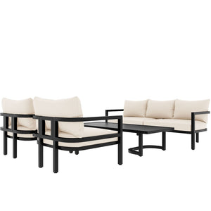 English Elm U_style 5 Seat Outdoor Sofa Set Powder Coated Steel Acacia Wood Table Garden Patio Beige WY000333AAA