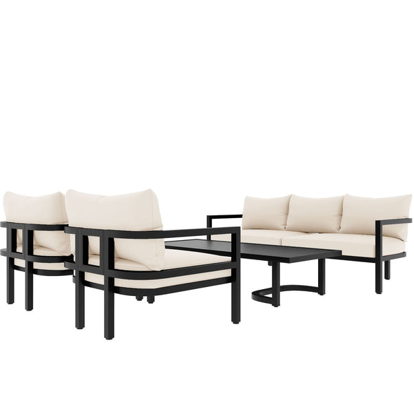 English Elm U_style 5 Seat Outdoor Sofa Set Powder Coated Steel Acacia Wood Table Garden Patio Beige WY000333AAA