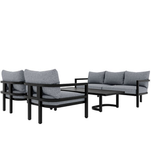 English Elm U_style 5 Seat Outdoor Sofa Set Powder Coated Steel Acacia Wood Table Garden Patio Light Gray WY000333AAE