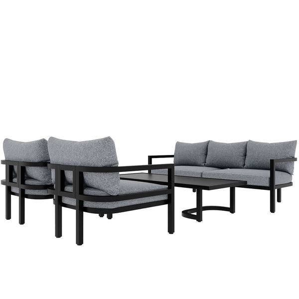 English Elm U_style 5 Seat Outdoor Sofa Set Powder Coated Steel Acacia Wood Table Garden Patio Light Gray WY000333AAE
