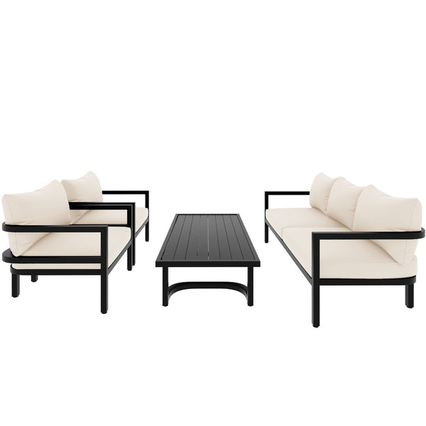 English Elm U_style 5 Seat Outdoor Sofa Set Powder Coated Steel Acacia Wood Table Garden Patio Beige WY000333AAA