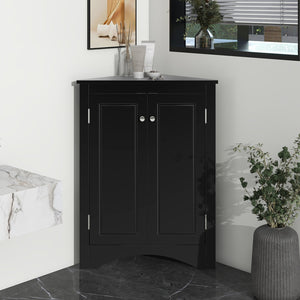 English Elm Black Triangle Corner Cabinet with Adjustable Shelves, Modern Freestanding MDF Storage for Home Elegance WF291467AAB