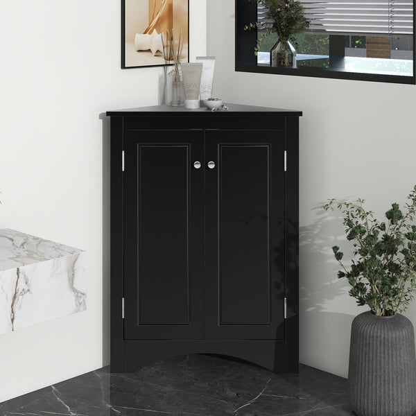 English Elm Black Triangle Corner Cabinet with Adjustable Shelves, Modern Freestanding MDF Storage for Home Elegance WF291467AAB