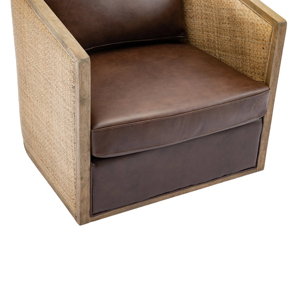 English Elm Swivel Barrel Chair Plush Leather Accent Seat with 360° Metal Base, Sturdy Hardwood Frame, 300lb Capacity Brown W395102739