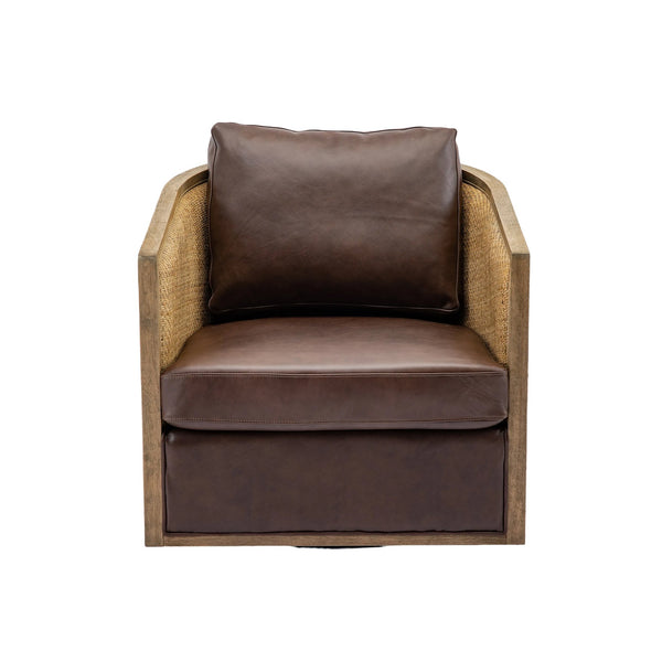 English Elm Swivel Barrel Chair Plush Leather Accent Seat with 360° Metal Base, Sturdy Hardwood Frame, 300lb Capacity Brown W395102739
