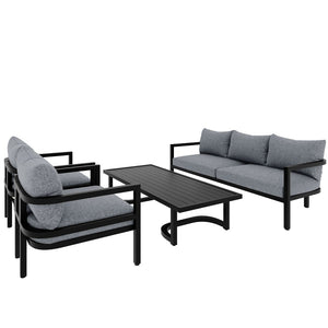English Elm U_style 5 Seat Outdoor Sofa Set Powder Coated Steel Acacia Wood Table Garden Patio Light Gray WY000333AAE