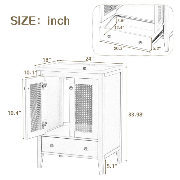 English Elm 24" Natural Bathroom Vanity with Ceramic Basin, Rattan Doors, Tapered Legs, Ample Storage & Anti-Tip Hardware JL000008AAD-1