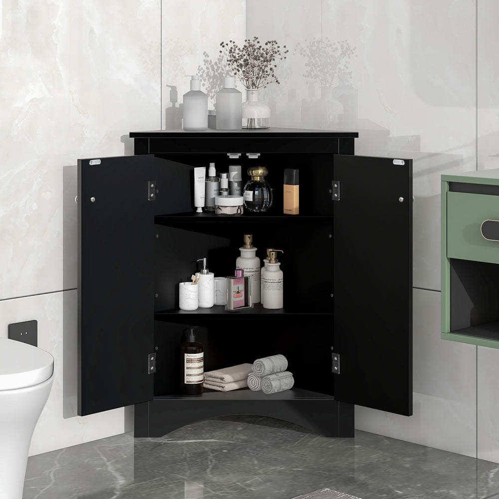 English Elm Black Triangle Corner Cabinet with Adjustable Shelves, Modern Freestanding MDF Storage for Home Elegance WF291467AAB