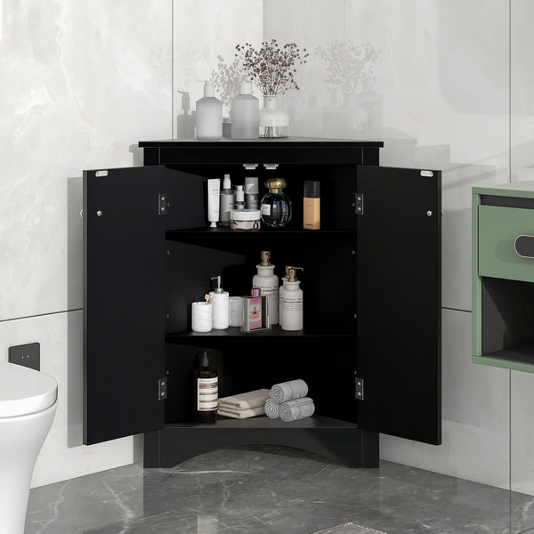 English Elm Black Triangle Corner Cabinet with Adjustable Shelves, Modern Freestanding MDF Storage for Home Elegance WF291467AAB