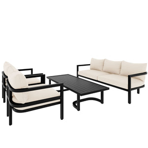 English Elm U_style 5 Seat Outdoor Sofa Set Powder Coated Steel Acacia Wood Table Garden Patio Beige WY000333AAA
