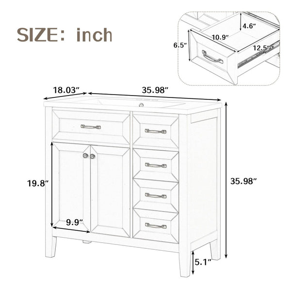 English Elm 36" Freestanding Bathroom Vanity Solid Rubberwood Cabinet with Ceramic Sink and Three Drawers White JL000007AAK-6
