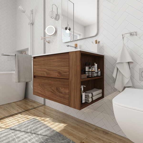 English Elm 30" Wall Mounting Bathroom Vanity Gel Sink with Soft-Close Drawers, Side Shelf, Scratch-Resist Finish Brown Oak W999102535
