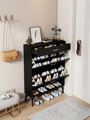 English Elm Shoe Cabinet Slim Tower Matte Finish Vertical Entryway Storage Organizer Enclosed Shelves Black W37062874