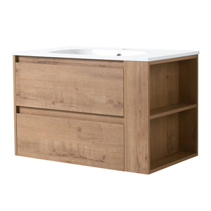 English Elm 30" Wall Mounting Bathroom Vanity Gel Sink with Soft-Close Drawers, Side Shelf, Scratch-Resist Finish Imitative Oak W999102534