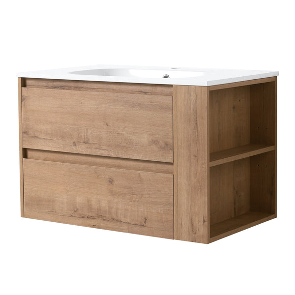 English Elm 30" Wall Mounting Bathroom Vanity Gel Sink with Soft-Close Drawers, Side Shelf, Scratch-Resist Finish Imitative Oak W999102534
