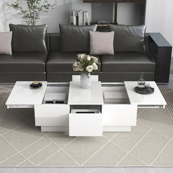 English Elm High-gloss Extendable Coffee Table with Hidden Compartments and Drawers White WF303591AAK