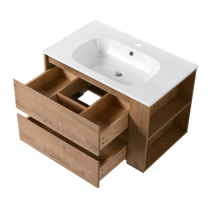 English Elm 30" Wall Mounting Bathroom Vanity Gel Sink with Soft-Close Drawers, Side Shelf, Scratch-Resist Finish Imitative Oak W999102534