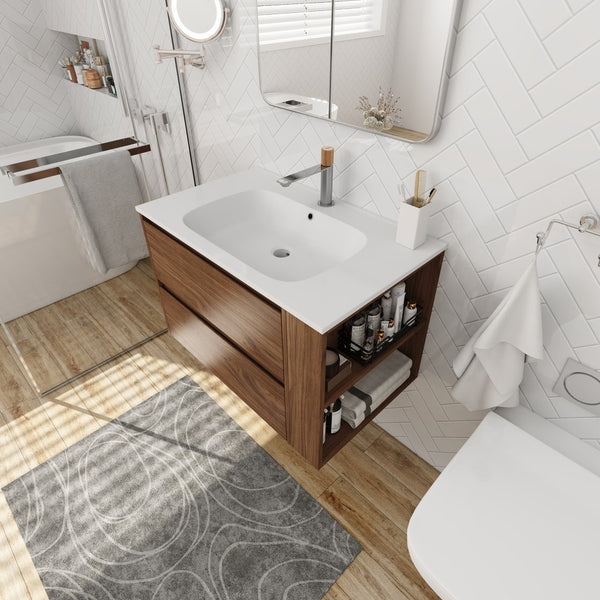 English Elm 30" Wall Mounting Bathroom Vanity Gel Sink with Soft-Close Drawers, Side Shelf, Scratch-Resist Finish Brown Oak W999102535