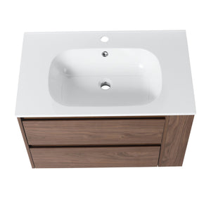 English Elm 30" Wall Mounting Bathroom Vanity Gel Sink with Soft-Close Drawers, Side Shelf, Scratch-Resist Finish Brown Oak W999102535