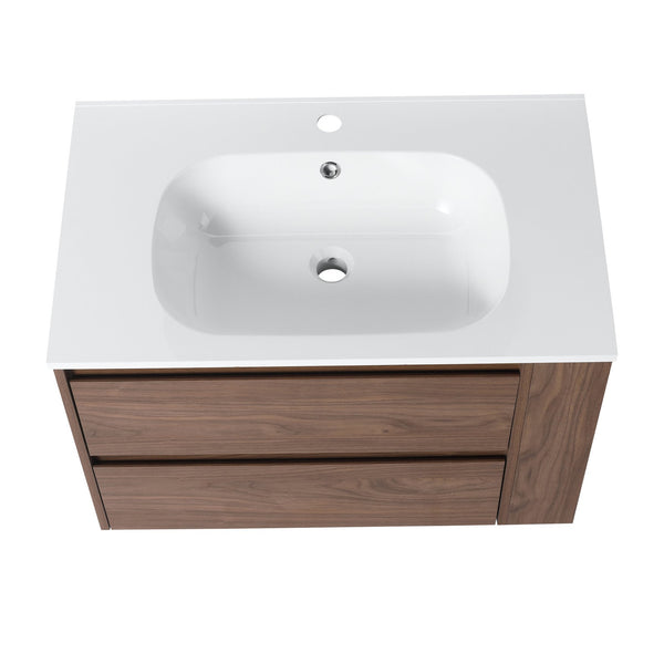 English Elm 30" Wall Mounting Bathroom Vanity Gel Sink with Soft-Close Drawers, Side Shelf, Scratch-Resist Finish Brown Oak W999102535