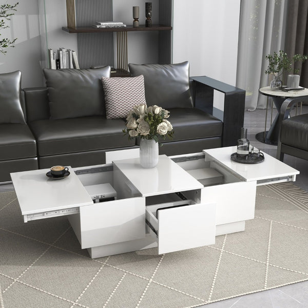 English Elm High-gloss Extendable Coffee Table with Hidden Compartments and Drawers White WF303591AAK