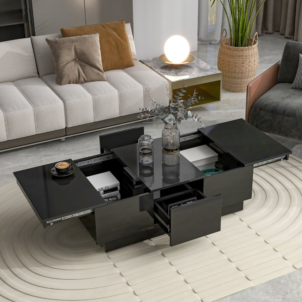 English Elm High-gloss Extendable Coffee Table with Hidden Compartments and Drawers Black WF303591AAB
