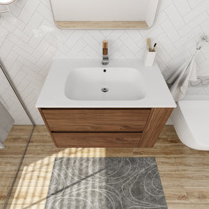English Elm 30" Wall Mounting Bathroom Vanity Gel Sink with Soft-Close Drawers, Side Shelf, Scratch-Resist Finish Brown Oak W999102535