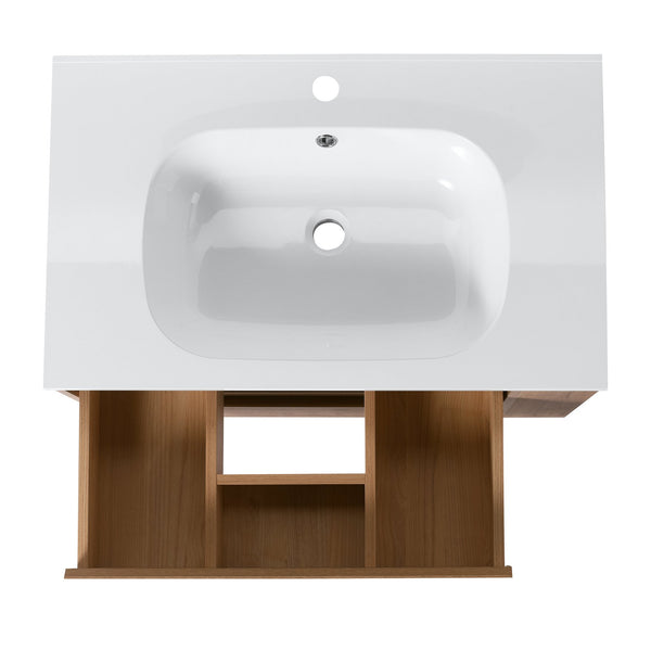 English Elm 30" Wall Mounting Bathroom Vanity Gel Sink with Soft-Close Drawers, Side Shelf, Scratch-Resist Finish Imitative Oak W999102534