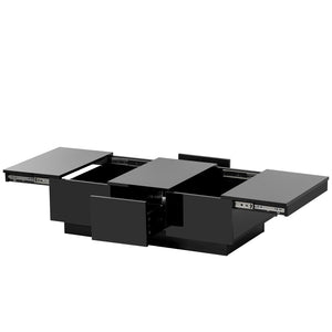 English Elm High-gloss Extendable Coffee Table with Hidden Compartments and Drawers Black WF303591AAB