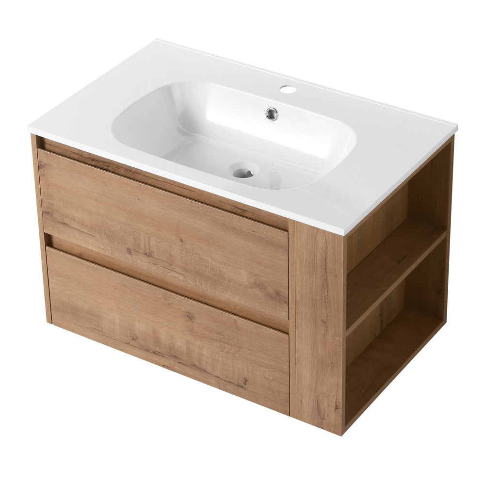 English Elm 30" Wall Mounting Bathroom Vanity Gel Sink with Soft-Close Drawers, Side Shelf, Scratch-Resist Finish Imitative Oak W999102534
