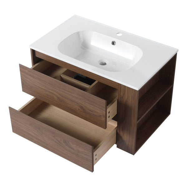 English Elm 30" Wall Mounting Bathroom Vanity Gel Sink with Soft-Close Drawers, Side Shelf, Scratch-Resist Finish Brown Oak W999102535
