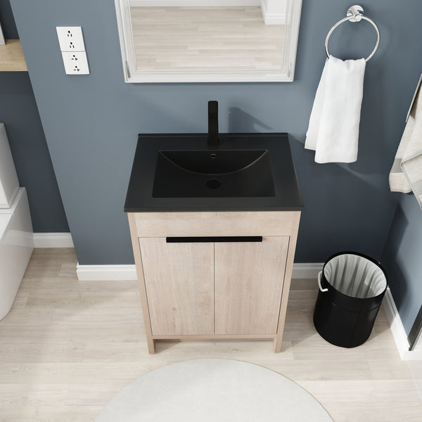 English Elm 24 Inch Freestanding Bathroom Vanity with Black Ceramic Sink, Soft-Close Doors, Plywood Base, Durable Finish (Modern) W999S00078