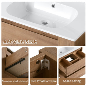 English Elm 30" Wall Mounting Bathroom Vanity Gel Sink with Soft-Close Drawers, Side Shelf, Scratch-Resist Finish Imitative Oak W999102534