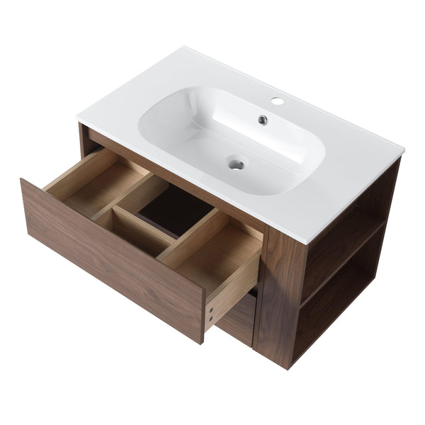 English Elm 30" Wall Mounting Bathroom Vanity Gel Sink with Soft-Close Drawers, Side Shelf, Scratch-Resist Finish Brown Oak W999102535