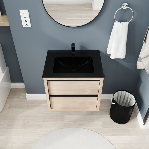 English Elm 24" Modern Bathroom Vanity With Black Ceramic Sink & 2 Soft-Close Drawers For Stylish Storage W999S00079