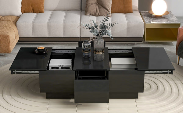English Elm High-gloss Extendable Coffee Table with Hidden Compartments and Drawers Black WF303591AAB