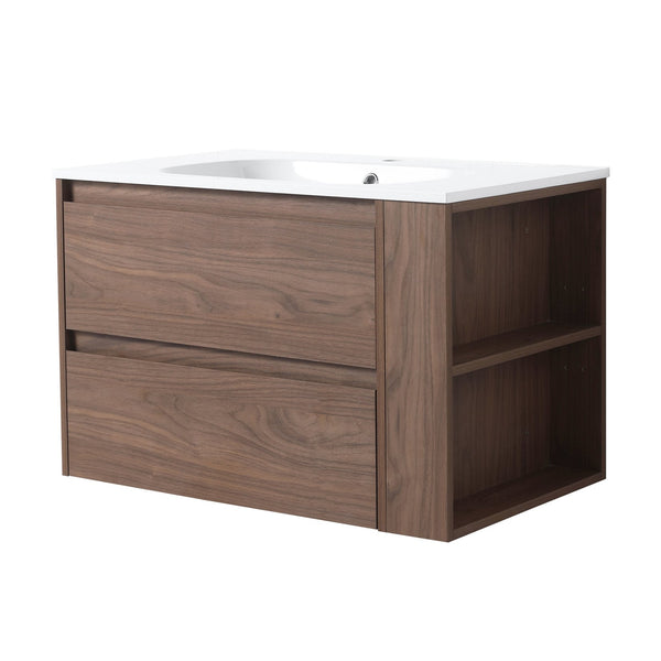 English Elm 30" Wall Mounting Bathroom Vanity Gel Sink with Soft-Close Drawers, Side Shelf, Scratch-Resist Finish Brown Oak W999102535