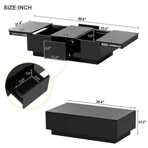 English Elm High-gloss Extendable Coffee Table with Hidden Compartments and Drawers Black WF303591AAB