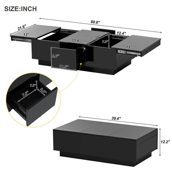 English Elm High-gloss Extendable Coffee Table with Hidden Compartments and Drawers Black WF303591AAB