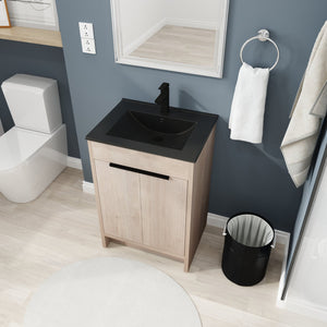 English Elm 24 Inch Freestanding Bathroom Vanity with Black Ceramic Sink, Soft-Close Doors, Plywood Base, Durable Finish (Modern) W999S00078