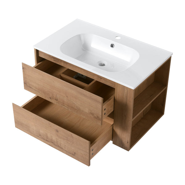 English Elm 30" Wall Mounting Bathroom Vanity Gel Sink with Soft-Close Drawers, Side Shelf, Scratch-Resist Finish Imitative Oak W999102534