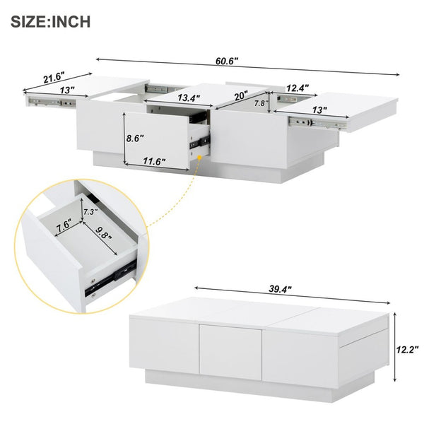 English Elm High-gloss Extendable Coffee Table with Hidden Compartments and Drawers White WF303591AAK
