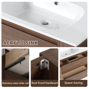 English Elm 30" Wall Mounting Bathroom Vanity Gel Sink with Soft-Close Drawers, Side Shelf, Scratch-Resist Finish Brown Oak W999102535