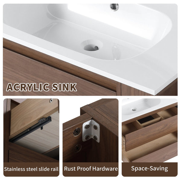 English Elm 30" Wall Mounting Bathroom Vanity Gel Sink with Soft-Close Drawers, Side Shelf, Scratch-Resist Finish Brown Oak W999102535