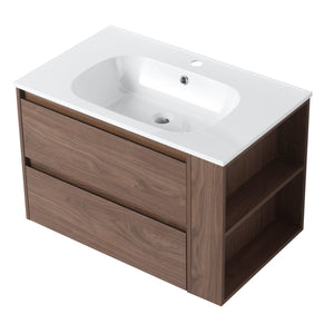 English Elm 30" Wall Mounting Bathroom Vanity Gel Sink with Soft-Close Drawers, Side Shelf, Scratch-Resist Finish Brown Oak W999102535