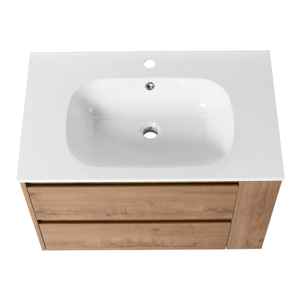 English Elm 30" Wall Mounting Bathroom Vanity Gel Sink with Soft-Close Drawers, Side Shelf, Scratch-Resist Finish Imitative Oak W999102534