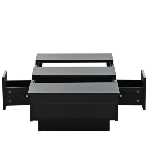 English Elm High-gloss Extendable Coffee Table with Hidden Compartments and Drawers Black WF303591AAB