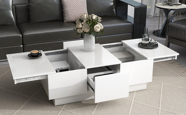 English Elm High-gloss Extendable Coffee Table with Hidden Compartments and Drawers White WF303591AAK