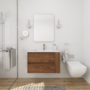 English Elm 30" Wall Mounting Bathroom Vanity Gel Sink with Soft-Close Drawers, Side Shelf, Scratch-Resist Finish Brown Oak W999102535