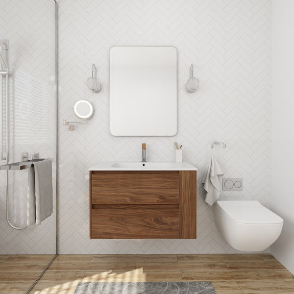English Elm 30" Wall Mounting Bathroom Vanity Gel Sink with Soft-Close Drawers, Side Shelf, Scratch-Resist Finish Brown Oak W999102535